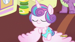 Size: 640x360 | Tagged: safe, derpibooru import, screencap, princess flurry heart, pony, a flurry of emotions, :t, animated, baby, baby pony, cute, diaper, flurrybetes, flying, frown, glare, levitation, looking up, magic, open mouth, pretending to be a bear, rawr, smiling, solo focus, sound, spread wings, telekinesis, underhoof, webm, wings