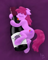 Size: 4000x5000 | Tagged: safe, artist:kalyandra, derpibooru import, berry punch, berryshine, pony, alcohol, blushing, body pillow, body pillow design, bottle, cuddling, drool, eyes closed, female, licking, mare, solo, tongue out, wine, wine bottle