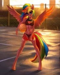 Size: 1280x1590 | Tagged: alicorn, alicorn oc, alternate version, anthro, artist:tomatocoup, asphalt, ball, basketball, black underwear, blue eyes, bra, breasts, clothes, derpibooru import, female, looking at you, oc, oc:spectrum dash, panties, ponytail, rainbow hair, shirt, shirt lift, shorts, shorts pulled down, solo, solo female, sports, street, suggestive, sunset, tail, underwear, unguligrade anthro, unofficial characters only, wings, ych result