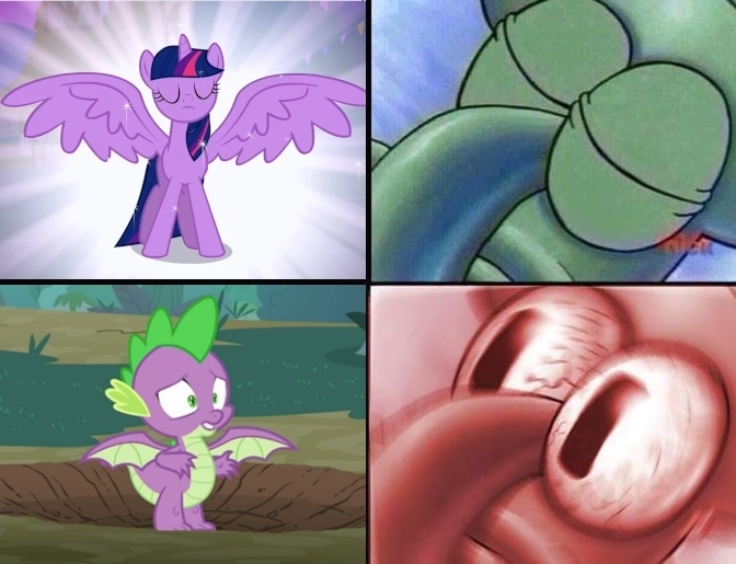 Size: 672x515 | Tagged: safe, derpibooru import, edit, edited edit, spike, twilight sparkle, twilight sparkle (alicorn), alicorn, dragon, pony, magical mystery cure, molt down, season 3, season 8, angry, female, home sweet pineapple, i sleep, male, mare, meme, spongebob squarepants, spread wings, squidward tentacles, winged spike, wings