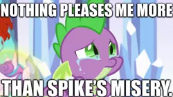 Size: 1280x720 | Tagged: abuse, crying, derpibooru import, dragon, edit, edited screencap, editor:useraccount, go to sleep garble, image macro, impact font, meme, sadism, safe, screencap, spike, spikeabuse