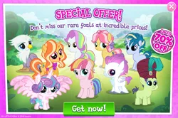 Size: 1084x720 | Tagged: safe, derpibooru import, idw, official, coconut cream, cucumber seed, gilded lily, graff, kettle corn, princess flurry heart, sea poppy, skeedaddle, toola roola, alicorn, classical hippogriff, crystal pony, earth pony, gryphon, hippogriff, pony, unicorn, advertisement, chickub, colt, crystallized, diaper, female, filly, fledgeling, foal, game screencap, gameloft, hippogriff filly, hmm, idw showified, li'l griffon, male, spread wings, turban, wings