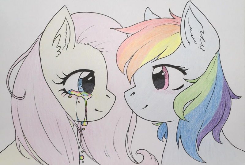 Size: 2616x1756 | Tagged: safe, artist:marshmallowbreeze, derpibooru import, fluttershy, rainbow dash, pony, blushing, couple, crying, female, flutterdash, lesbian, looking at each other, shipping, simple background, sketch, smiling, teary eyes