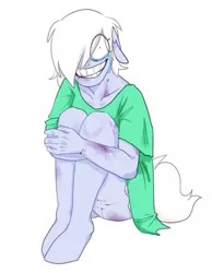 Size: 559x720 | Tagged: anthro, anthro oc, artist:redxbacon, bleeding, blood, bruised, crying, derpibooru import, floppy ears, grin, hospital gown, oc, oc:white pills, scar, semi-grimdark, sitting, smiling, solo, suggestive, unguligrade anthro, unofficial characters only, wide eyes