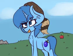 Size: 1300x1000 | Tagged: safe, artist:claudearts, derpibooru import, oc, oc:meno, pony, pony town, :p, apple, coonskin cap, cute, food, silly, solo, tongue out