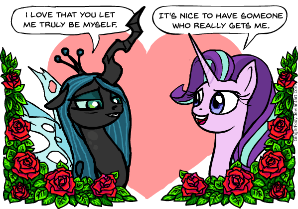 Size: 598x419 | Tagged: safe, artist:gingerfoxy, derpibooru import, queen chrysalis, starlight glimmer, changeling, changeling queen, pony, unicorn, pony couple generator, crack shipping, female, flower, glimmerlis, heart, lesbian, rose, shipping