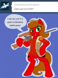 Size: 638x854 | Tagged: safe, artist:zombiethegreat, derpibooru import, oc, oc:pun, earth pony, pony, ask pun, ask, bipedal, blue background, clothes, cutie mark, female, gun, hooves, looking at you, mare, optical sight, pun, rifle, shirt, simple background, sniper rifle, solo, vest, weapon