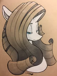 Size: 960x1280 | Tagged: safe, artist:greyscaleart, derpibooru import, rarity, pony, unicorn, bust, grayscale, lidded eyes, monochrome, neo noir, partial color, signature, smiling, solo, traditional art