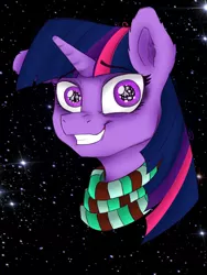 Size: 1500x2000 | Tagged: safe, artist:charles-farrow, derpibooru import, twilight sparkle, fish, unicorn, bad shading, bill cipher, christmas, christmas tree, clothes, dice, head, holiday, scarf, smiling, solo, space, stressed, tree, yin-yang