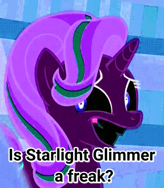 Size: 594x680 | Tagged: safe, color edit, derpibooru import, edit, edited screencap, screencap, starlight glimmer, unicorn, the crystalling, animated, color cycling, colored, cropped, eyestrain warning, faic, freak, gif, hue, image macro, meme, nervous, question, saturated, seizure warning, text