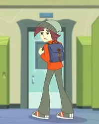 Size: 418x524 | Tagged: safe, derpibooru import, screencap, normal norman, equestria girls, equestria girls series, forgotten friendship, background human, bag, clothes, cropped, male, pants, shoes, sneakers, solo