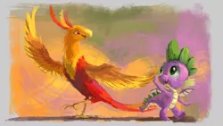 Size: 1920x1080 | Tagged: artist:plainoasis, cute, derpibooru import, dragon, duo, high five, molt down, peewee, peeweebetes, phoenix, safe, spike, winged spike, wings