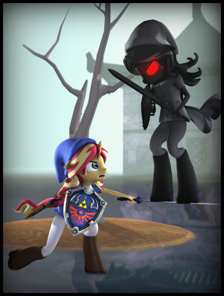 Size: 5400x7142 | Tagged: safe, artist:imafutureguitarhero, derpibooru import, sunset shimmer, anthro, unguligrade anthro, unicorn, 3d, absurd file size, absurd resolution, blank eyes, boots, border, cap, chromatic aberration, clothes, costume, crossover, dark link, dead tree, door, duo, elf hat, female, fight, film grain, freckles, glowing eyes, hat, hylian shield, leather, leather boots, link, link's hat, link's tunic, mare, master sword, multicolored hair, nose wrinkle, open mouth, red eyes, reflection, sand, see-through, shield, shoes, signature, source filmmaker, standing in water, sword, tail, the legend of zelda, the legend of zelda: ocarina of time, tights, tree, tunic, vertical, wall of tags, water, weapon