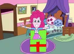 Size: 2337x1700 | Tagged: safe, artist:equestriaguy637, derpibooru import, pinkie pie, rainbow dash, rarity, surprise, equestria girls, bed, bedroom, big grin, box, clothes, dresser, grin, in a box, lamp, looking at you, picture frame, pillow, pinkie's room, practice, present, rug, shelf, smiling, wristband