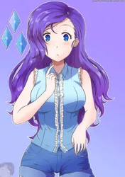 Size: 1024x1453 | Tagged: anime, anime style, artist:achaoticdotstar, blushing, breasts, busty rarity, clothes, derpibooru import, female, human, humanized, looking at you, rarity, redo, safe, shorts, simple background