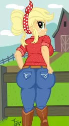 Size: 577x1050 | Tagged: suggestive, artist:aj0joe, derpibooru import, applejack, equestria girls, equestria girls series, five to nine, alternate hairstyle, applebutt, ass, barn, boots, breasts, clothes, cloud, cowboy boots, female, fence, freckles, looking back, pants, signature, sky, solo, solo female, wide hips