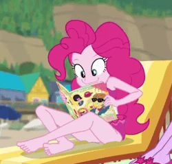 Size: 863x824 | Tagged: safe, derpibooru import, screencap, feather bangs, pinkie pie, sci-twi, twilight sparkle, equestria girls, equestria girls series, friendship math, animated, barefoot, clothes, cropped, cute, diapinkes, feet, flip-flops, legs, sandals, swimsuit