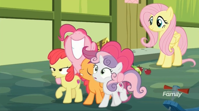 Size: 1653x926 | Tagged: safe, derpibooru import, screencap, apple bloom, fluttershy, pinkie pie, scootaloo, sweetie belle, earth pony, pegasus, pony, unicorn, marks for effort, cutie mark crusaders, group hug, hug, nose in the air, quintet, volumetric mouth