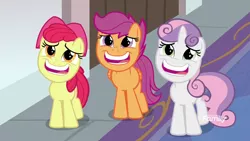 Size: 1920x1080 | Tagged: apple bloom, cutie mark crusaders, derpibooru import, discovery family logo, faic, looking up, marks for effort, safe, scootaloo, screencap, sweetie belle