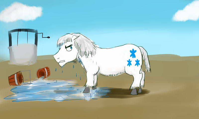 Size: 2000x1200 | Tagged: artist:horsesplease, bucket, derpibooru import, double diamond, paint tool sai, puddle, realistic, safe, shetland pony, upset, water, well, wet mane