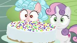 Size: 1920x1080 | Tagged: safe, derpibooru import, screencap, cozy glow, sweetie belle, pegasus, pony, unicorn, marks for effort, cake, discovery family logo, duo, duo female, female, filly, food, rainbow sprinkle, surprised, wide eyes