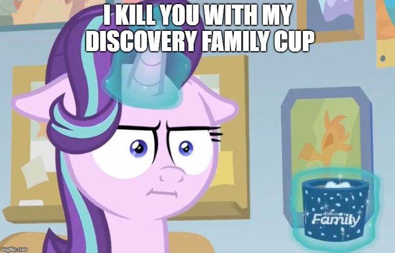 Size: 779x500 | Tagged: safe, derpibooru import, edit, edited screencap, screencap, starlight glimmer, pony, unicorn, marks for effort, :i, caption, coincidence, discovery family, discovery family logo, faic, female, floppy ears, glowing horn, i mean i see, image macro, magic, mare, meme, mug, riddick, solo, telekinesis, the chronicles of riddick