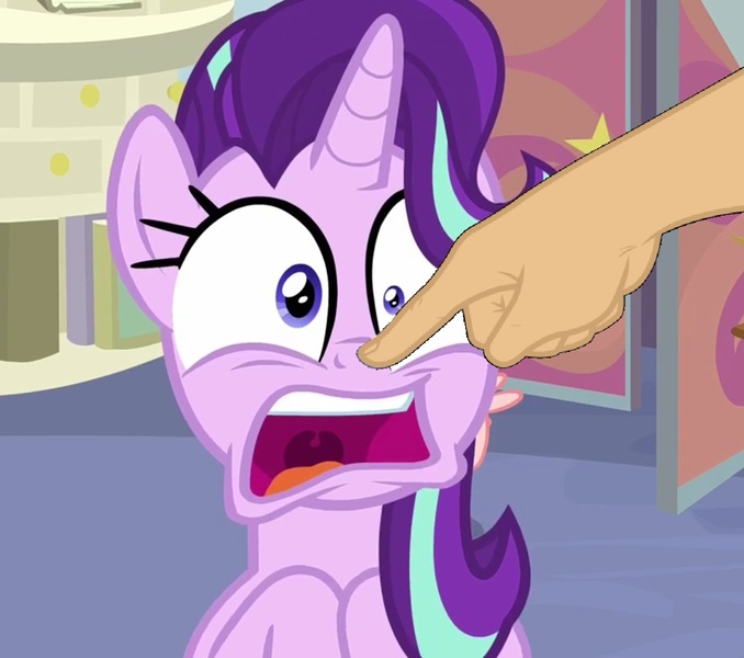 Size: 1215x1075 | Tagged: boop, boop edit, cropped, derpibooru import, edit, edited screencap, finger, frown, hand, marks for effort, mismatched eyes, non-consensual booping, open mouth, safe, screaming, screencap, solo focus, starlight glimmer, uvula, wide eyes