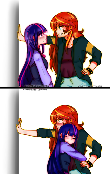 Size: 1334x2100 | Tagged: safe, artist:cronavongorgon, artist:kayleeburnsart, derpibooru import, sunset shimmer, twilight sparkle, human, blushing, clothes, cute, eyes closed, female, hug, humanized, jacket, kabedon, lesbian, looking at each other, shipping, smiling, sunsetsparkle