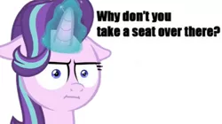 Size: 600x336 | Tagged: chris hansen, derpibooru import, dialogue, editor:binkyt11, floppy ears, glowing horn, :i, i mean i see, looking at you, marks for effort, meme, reaction image, safe, simple background, solo, starlight glimmer, white background, why don't you take a seat over there?