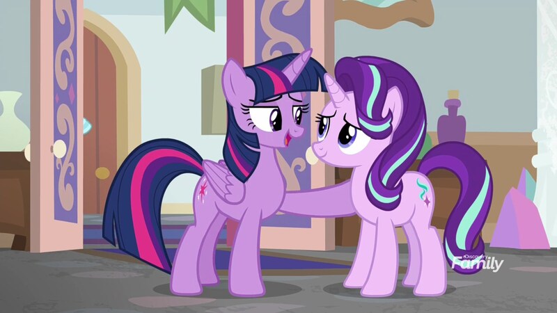 Size: 1920x1080 | Tagged: safe, derpibooru import, screencap, starlight glimmer, twilight sparkle, twilight sparkle (alicorn), alicorn, unicorn, marks for effort, discovery family logo, duo, duo female, female