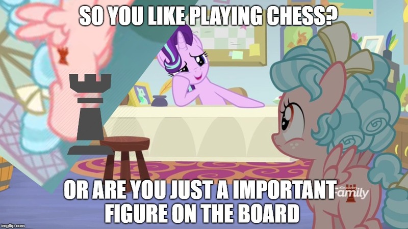 Size: 888x499 | Tagged: safe, derpibooru import, edit, edited screencap, screencap, cozy glow, starlight glimmer, pegasus, pony, unicorn, marks for effort, butt, chess, cozy glutes, cutie mark, duo, female, filly, foal, image macro, mare, meme, plot, rook