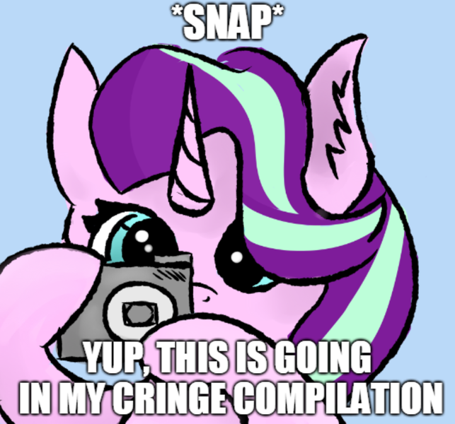 Size: 856x799 | Tagged: artist:sunnzio, camera, cringe compilation, derpibooru import, dialogue, exploitable meme, meme, safe, starlight glimmer