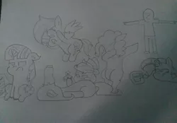 Size: 3264x2275 | Tagged: applejack, bottle flip, dab, derpibooru import, fidget spinner, fluttershy, kill me, mane six, oc, oc:anon, photo, pinkie pie, rainbow dash, rarity, safe, t pose, traditional art, twilight sparkle, why