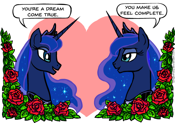 Size: 599x420 | Tagged: safe, artist:gingerfoxy, derpibooru import, princess luna, alicorn, pony, pony couple generator, female, flower, heart, lesbian, lunlun, rose, self ponidox, selfcest, shipping