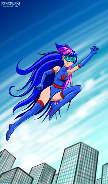 Size: 1200x2048 | Tagged: armpits, artist:zenzmurfy, city, clothes, derpibooru import, female, flying, human, humanized, magic gaia, requested art, safe, smiling, solo, superhero, twilight sparkle, visor