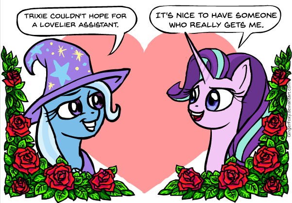 Size: 601x419 | Tagged: safe, artist:gingerfoxy, derpibooru import, starlight glimmer, trixie, pony, unicorn, pony couple generator, female, flower, heart, lesbian, rose, shipping, startrix