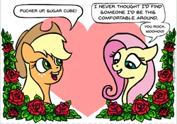 Size: 606x425 | Tagged: safe, artist:gingerfoxy, derpibooru import, applejack, fluttershy, earth pony, pegasus, pony, pony couple generator, appleshy, dialogue, female, flower, heart, lesbian, rose, shipping, smiling