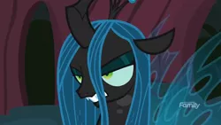 Size: 1280x720 | Tagged: safe, derpibooru import, screencap, queen chrysalis, changeling, changeling queen, the mean 6, angry, discovery family logo, female, solo