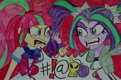 Size: 4057x2680 | Tagged: safe, artist:malevolentsamson, artist:psygcosis507, derpibooru import, aria blaze, sour sweet, equestria girls, absurd resolution, angry, argument, bomb, bowtie, clothes, crystal prep academy uniform, duo, exclamation point, female, freckles, pigtails, ponytail, red background, school uniform, simple background, traditional art, twintails, weapon