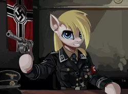 Size: 1460x1080 | Tagged: dead source, semi-grimdark, artist:tracerhorse, derpibooru import, oc, oc:aryanne, unofficial characters only, anthro, earth pony, aryan pony, clothes, earth pony oc, female, flag, frown, grin, gun, hoof hands, image, luger, nazi, nazi flag, png, smiling, solo, swastika