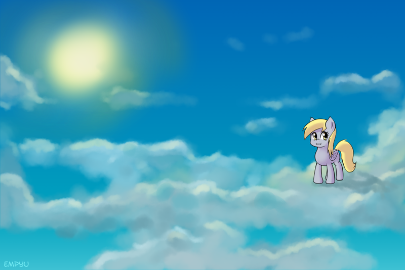 Size: 1000x667 | Tagged: safe, artist:empyu, derpibooru import, derpy hooves, pegasus, pony, 30 minute art challenge, :i, cloud, cute, derpabetes, female, hooves, looking at you, mare, on a cloud, sky, solo, standing on cloud, sun, wings