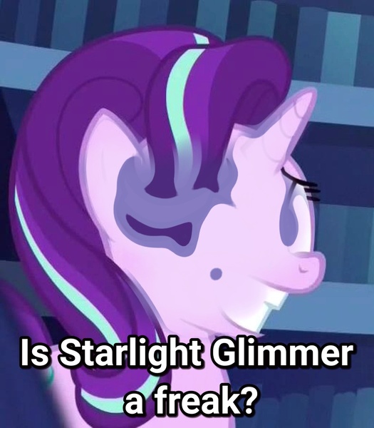 Size: 788x901 | Tagged: safe, derpibooru import, edit, starlight glimmer, unicorn, the crystalling, faic, freak, image macro, meme, nervous, question, text