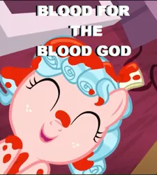 Size: 531x589 | Tagged: blood for the blood god, chaos, cozybetes, cozy glow, cropped, cute, derpibooru import, edit, edited screencap, eyes closed, female, filly, funny, funny as hell, image macro, implied blood, khorne, marks for effort, meme, paint, safe, screencap, smiling, solo, text, warhammer 40k, warhammer (game)