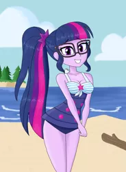 Size: 1813x2461 | Tagged: safe, artist:iyoungsavage, derpibooru import, sci-twi, twilight sparkle, equestria girls, equestria girls series, forgotten friendship, attached skirt, beach, clothes, female, glasses, looking at you, ocean, one-piece swimsuit, ponytail, sand, skirt, smiling, solo, swimsuit