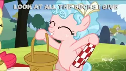 Size: 1040x586 | Tagged: apple bloom, basket, cozy glow, derpibooru import, dialogue, edit, edited screencap, female, filly, look at all the fucks i give, marks for effort, meme, safe, screencap, smiling, text, vulgar