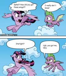 Size: 1022x1182 | Tagged: safe, artist:pony-berserker edits, derpibooru import, edit, spike, twilight sparkle, twilight sparkle (alicorn), alicorn, dragon, pony, molt down, cloud, comic, flying, speech bubble, twilight and spike's wings meme, winged spike