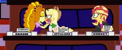 Size: 4032x1682 | Tagged: safe, artist:bigpurplemuppet99, derpibooru import, adagio dazzle, applejack, match game, sunset shimmer, equestria girls, blushing, dazzlejack, female, kissing, lesbian, match game (game show), shipping, sunsagio