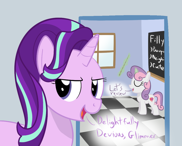 Size: 1000x800 | Tagged: artist:mightyshockwave, chalkboard, classroom, derpibooru import, female, filly, friendship academy, marks for effort, safe, simpsons did it, starlight glimmer, steamed hams, sweetie belle, teaching, the simpsons