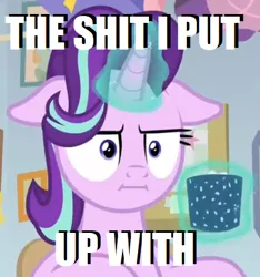 Size: 415x443 | Tagged: safe, derpibooru import, edit, edited screencap, screencap, starlight glimmer, pony, unicorn, marks for effort, caption, cropped, cup, female, floppy ears, i mean i see, image macro, magic, mare, meme, mug, poker face, solo, swearing, telekinesis, vulgar