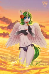 Size: 900x1350 | Tagged: alicorn, alicorn oc, anthro, anthro oc, artist:margony, beach, belly button, bikini, breasts, clothes, cloud, commission, covering, derpibooru import, female, food, mare, oc, oc:princess margarita, panties, partial nudity, popsicle, signature, solo, solo female, suggestive, swimsuit, topless, underwear, unofficial characters only, water